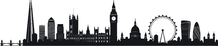 Silhouette of the London skyline: the Shard, Westminster, Big Ben, St Paul’s, the London Eye and the Gherkin